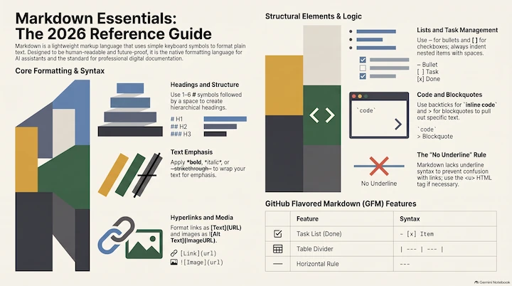 Markdown Essentials: The 2026 Reference Guide — an infographic covering core formatting and syntax, structural elements and logic, and GitHub Flavored Markdown features.
