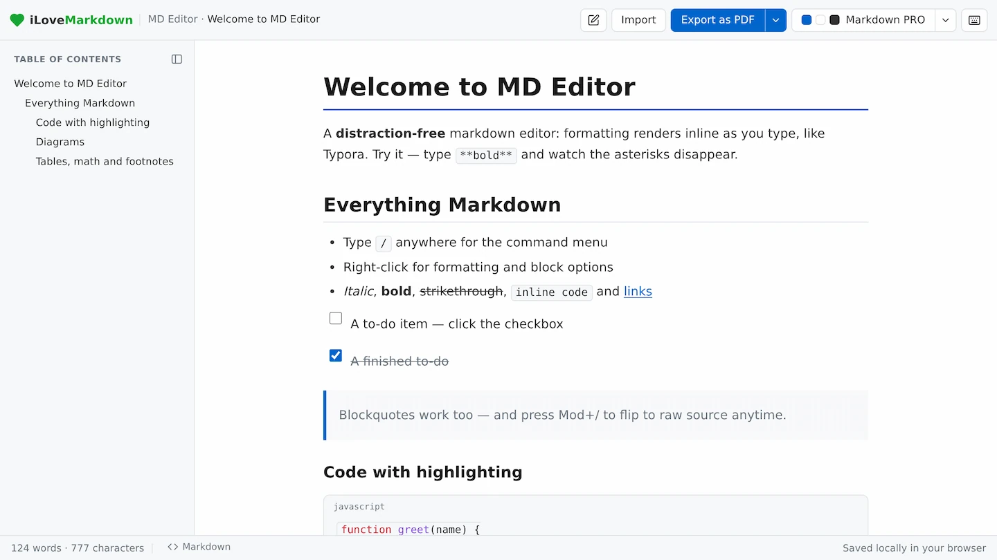 The free MD Editor Typora alternative rendering Markdown inline in the browser — a welcome document with headings, a checklist, a blockquote and syntax-highlighted code, with a table of contents sidebar and an Export as PDF button.
